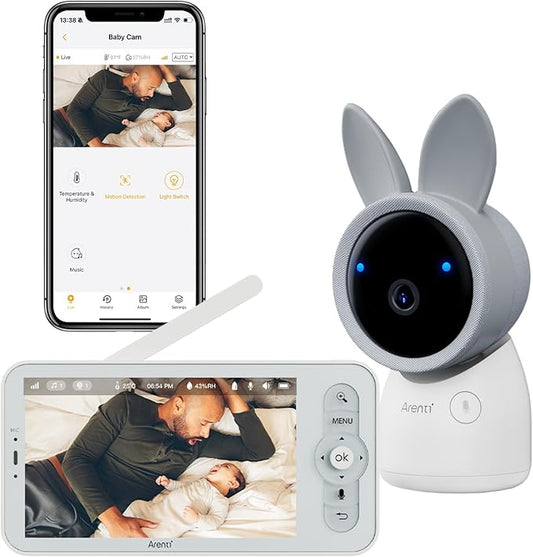 ARENTI Baby Monitor, Cry & Motion Detection, 2K Smart Baby Camera with 5-Inch Upgraded Wireless Display, Two Way Audio, Super Night Vision, Temp & Humidity Sensor, Lullabies-CubbioJoy