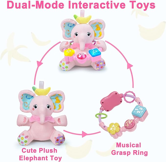 Baby Elephant Musical Stuffed Animals Toy with Light-Up Music & Crinkle Sound Paper,Infant Bilingual Early Learning Education Toys,Tummy Time Toys for 0-3-6-12+ Months Boy Girl, Pink-CubbioJoy