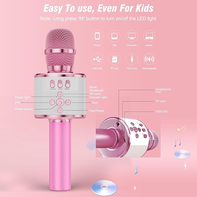 BONAOK Karaoke Microphone for Kids & Adults - Bluetooth Microphones Singing Mic with Disco Lights, Echo Effect, Built-in Speaker Portable Karaoke Player for Party Travel Gifts Q78(Light Pink)-CubbioJoy