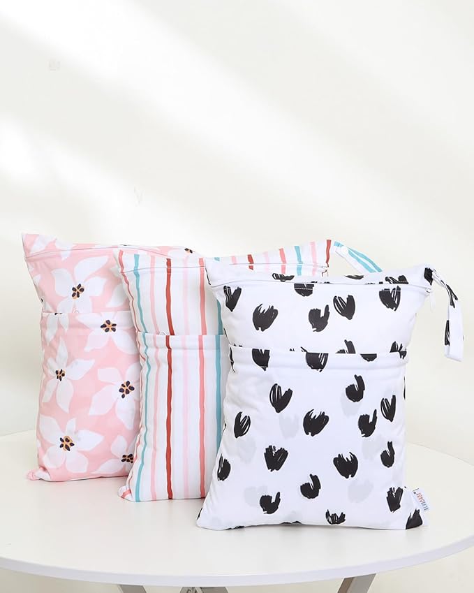 ALVABABY 3 Cloth Diaper Wet Dry Bags Waterproof Reusable with Two Zippered Pockets Travel Beach Pool Daycare Soiled Baby Items Yoga Gym Bag for Swimsuits or Wet Clothes Small Medium Large 3L-ZM26-CubbioJoy