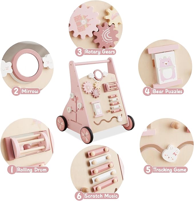 Beright Wooden Baby Walker Push and Pull Learning Activity Walker Kids’ Activity Toy Multiple Activities Center Develops Motor Skills & Stimulates Creativity(Pink)-CubbioJoy