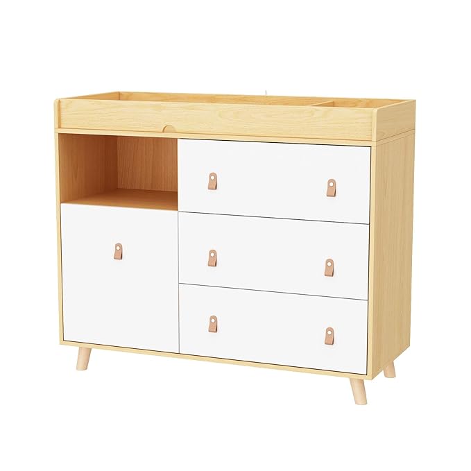 Baby Dresser Changing Table with Drawers,Shelf,Hidden Laundry Basket Storage,2 in 1 Nursery Dresser Chest for Infants, Baby Diaper Changing Station for Daycare,Bedroom,Natural-CubbioJoy