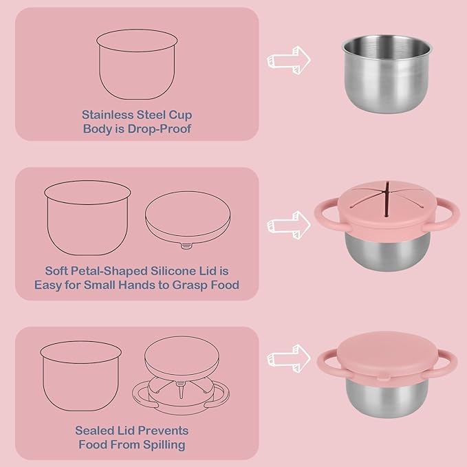 2 Pack Snack Cups for Toddlers Spill Proof - Detachable Stainless Steel Toddler Snack Cups with Silicone Lids & Handles - Dishwasher Safe Baby Snack Containers for Mess-Free Snacking (Green and Pink)-CubbioJoy