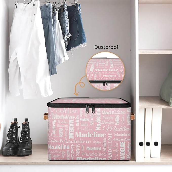 Custom Storage Basket with Name, Personalized Storage Bins with Zipper Lid, Foldable Fabric Storage Box Large capacity with Handle Pink-CubbioJoy