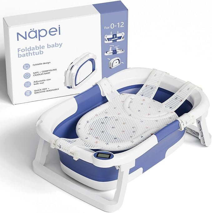 Collapsible Baby Bathtub,Baby Bath Tub with Soft Cushion & Thermometer,Baby Bathtub Newborn to Toddler 0-36 Months,Portable Travel Baby Tub-CubbioJoy