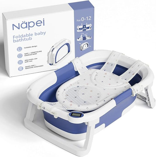 Collapsible Baby Bathtub,Baby Bath Tub with Soft Cushion & Thermometer,Baby Bathtub Newborn to Toddler 0-36 Months,Portable Travel Baby Tub-CubbioJoy