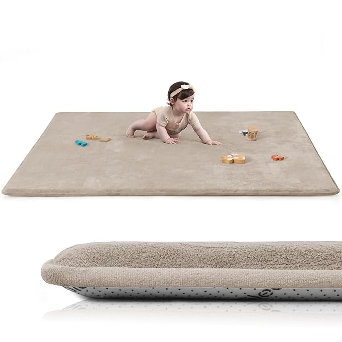 Baby Play Mat for Floor,Extra Large 59"×71" Tummy Time Mat,Thicker Memory Foam Mat for Toddler,Infant,Kids,Water Repellent Ultra Soft Coral Velvet,Non-Slip Backing Safe for Crawling(Beige)-CubbioJoy