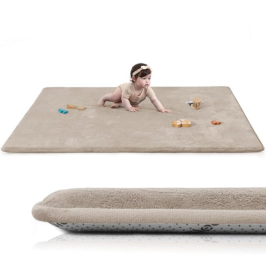 Baby Play Mat for Floor,1.3" Thick Elasti-Foam 50"×74" Playpen Mat for Tummy Time,Water Repellent Soft Coral Velvet for Toddler,Infant,Kids,Non-Slip Backing Safe for Crawling(Beige)-CubbioJoy