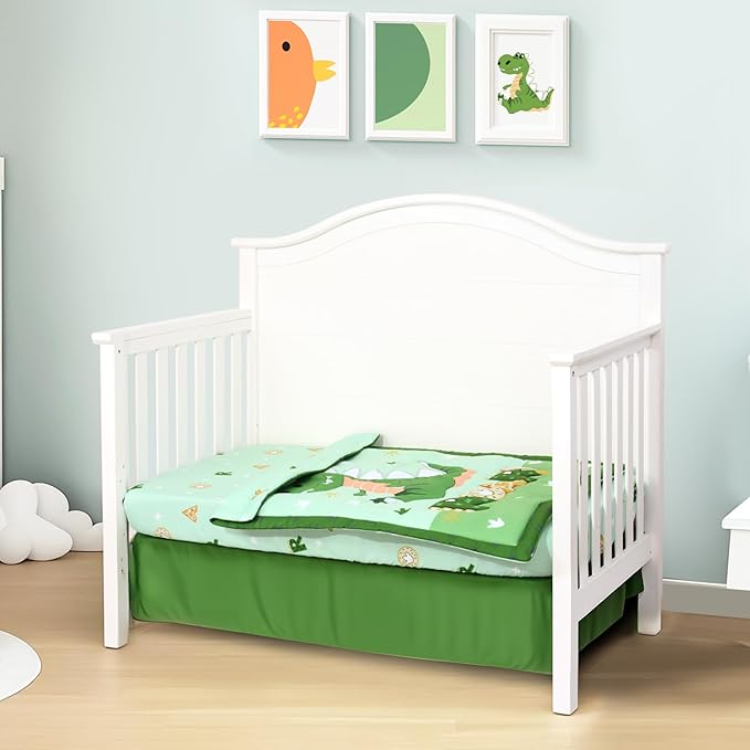 Cloele Crib Bedding Set for Boys,4 Piece Dinosaur Baby Bedding Set,Standard Size Toddler Nursery Bedding Includes Comforter,Crib Skirt,Fitted Sheet&Pillowcase,Soft Dinosaur Blanket-Green-CubbioJoy