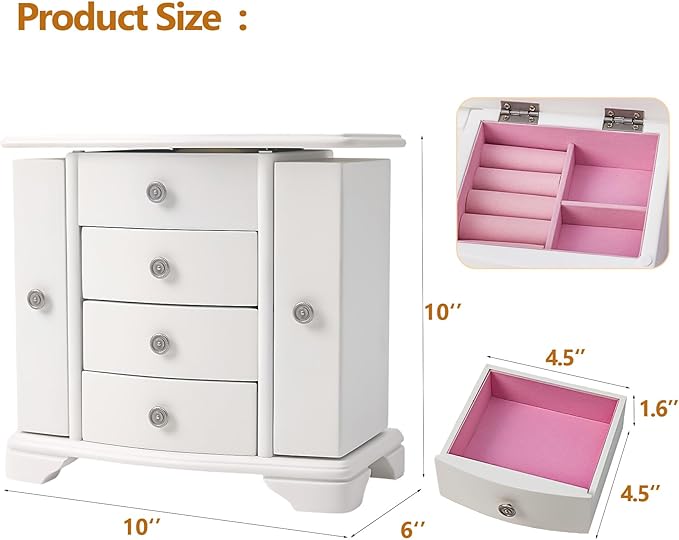 Jewelry Box,White Wooden Jewelry Box With Top Mirror, Jewelry Organizer Wooden Is Suitable For Storing Rings,Bracelets,Necklaces Etc-CubbioJoy