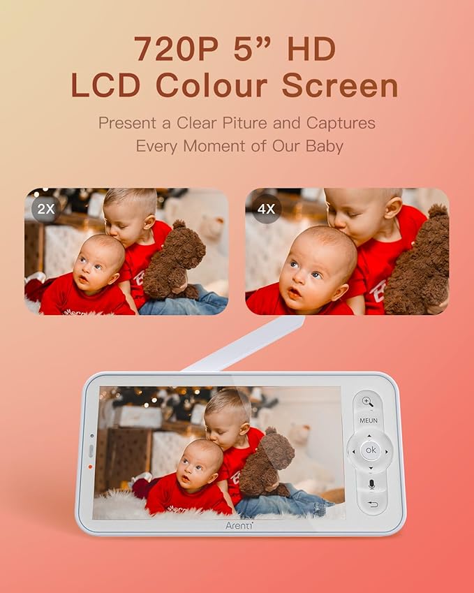 ARENTI Baby Monitor 2 Cameras, 2K Video Baby Camera with 5-Inch Upgraded Wireless Display, Super Night Vision, Lullabies, Cry & Motion Detection, Temp & Humidity Sensor, Two Way Audio-CubbioJoy