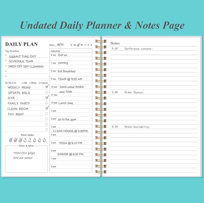 Daily Planner Undated - A5 To Do List Notebook Hourly Schedules, Spiral Appointment Planner for Women and Men, PVC Hardcover, Inner Pocket, Elastic Closure, 5.8" x 8.3", Teal Flowers-CubbioJoy