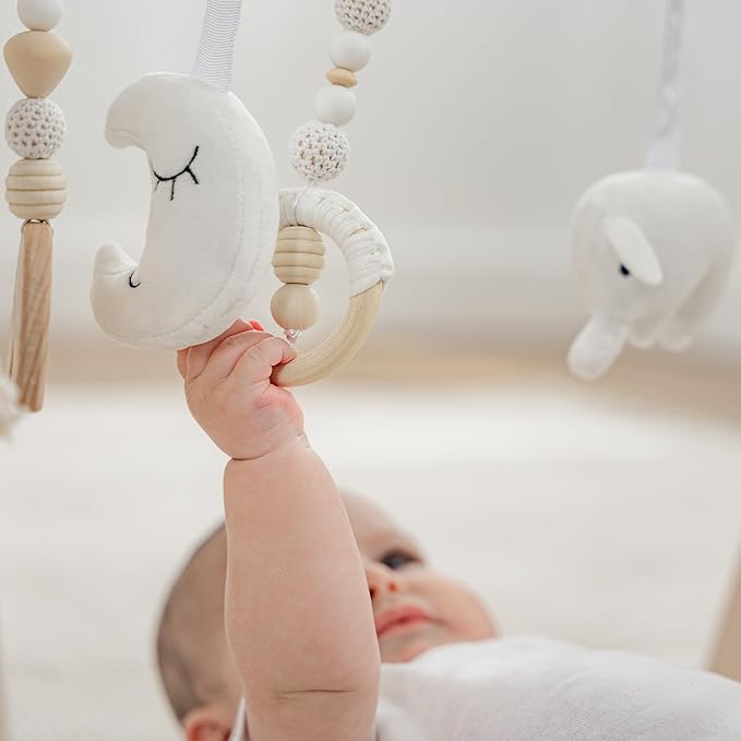 Comfy Cubs Wooden Baby Play Gym - Natural Finish Pinewood Baby Activity Gym with 5 Sensory Hanging Toys - Easy No-Tool Assembly, Safe and Durable for Infant Motor and Visual Development - Pacific Blue-CubbioJoy