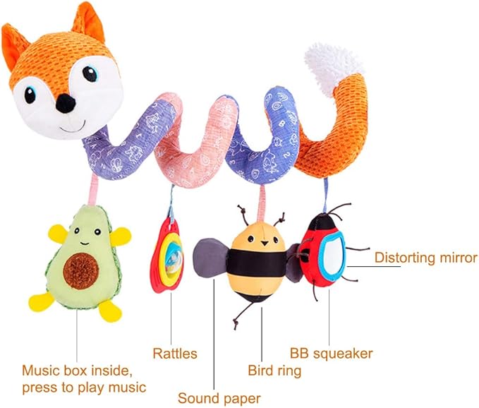 Car Seat Toys, Baby Plush Spiral Hanging Toys for Stroller Crib Bar Bassinet Car Seat Mobile with Music Box BB Squeaker Rattles- Orange Fox-CubbioJoy