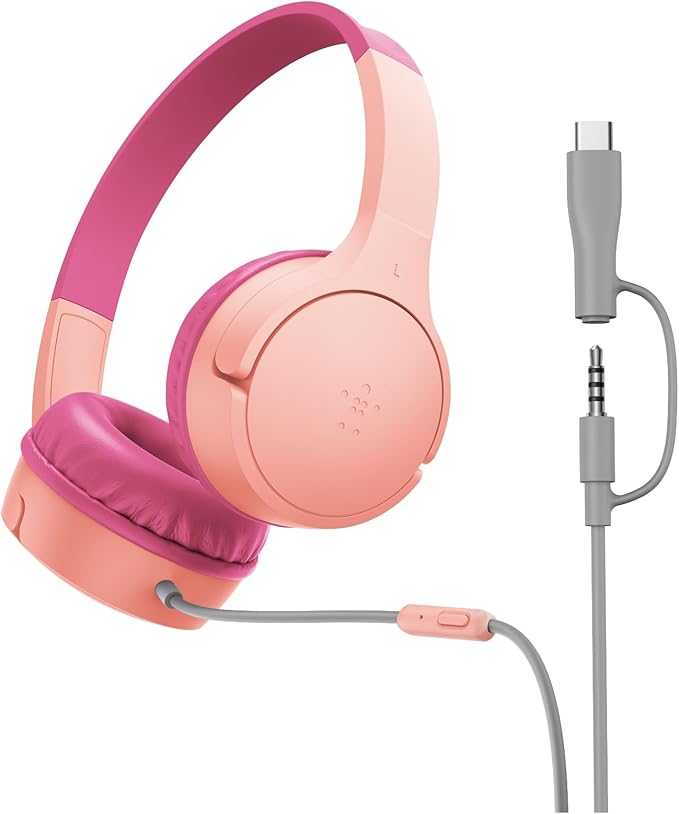 Belkin SoundForm Mini Kids Wired Headphones w/USB C to 3.5mm Dongle, Built-in Mic & Fun Stickers, 85dB Max Volume – for Online Learning, Travel, Compatible w/iPhone 16, iPad, Galaxy S25, etc - Pink-CubbioJoy
