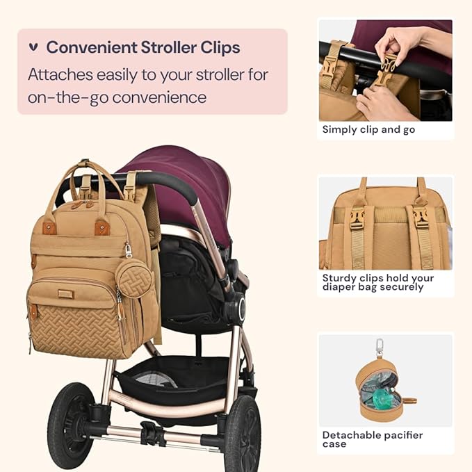 BabbleRoo Diaper Bag Backpack - Baby Essentials Travel Tote - Multi function Waterproof Diaper Bag, Travel Essentials Baby Bag with Changing Pad, Stroller Straps & Pacifier Case - Unisex, Beige-CubbioJoy
