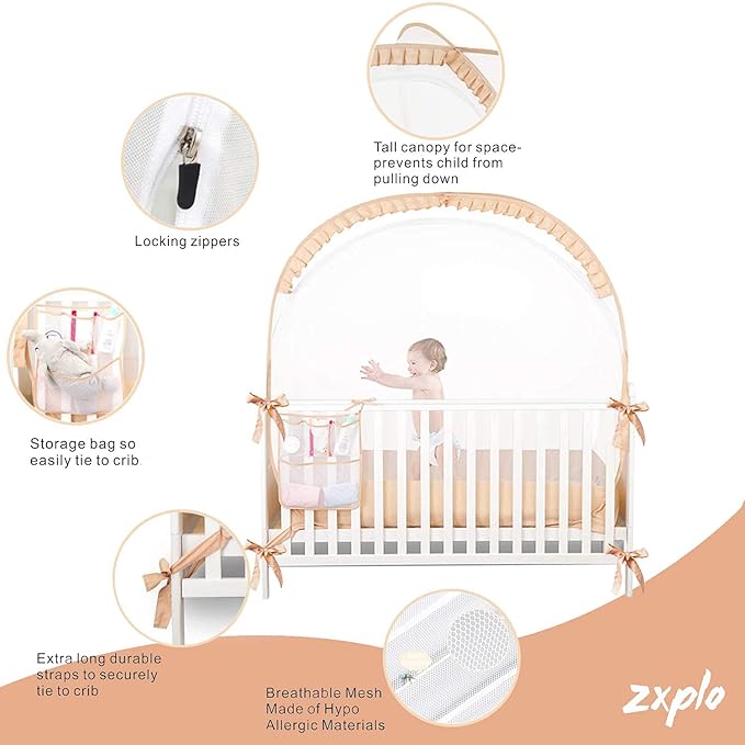 Baby Safety Crib Tent Infant Pop up Mosquito Net Nursery Bed Canopy Netting Cover - Keep Baby from Climbing Out with Hanging Diaper Storage Bag (Beige)-CubbioJoy