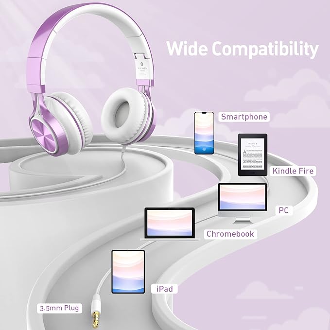 AILIHEN MS300 Purple Girl Headphones Wired with Microphone for Chromebook Laptop Computer, 3.5mm Foldable Lightweight on-Ear Headphones for School Teen Students-CubbioJoy