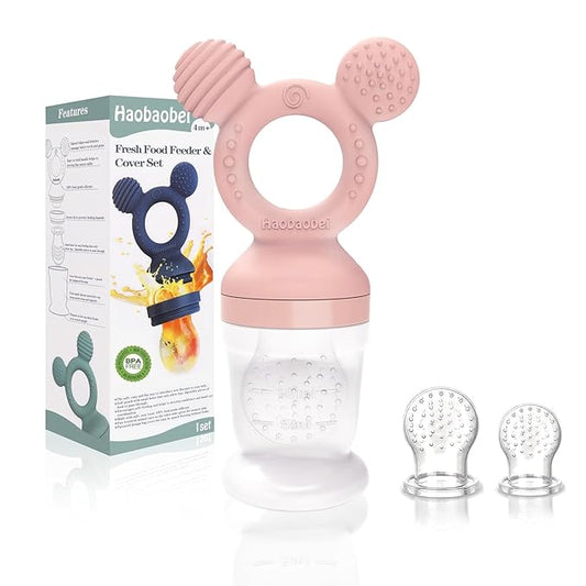 Baby Fruit Feeder, Frozen Teething Toys, Teether Pacifier with 3 Extra Teats, Infant Eating Essentials, BPA Free Baby Feeding Supplies (Pink)-CubbioJoy