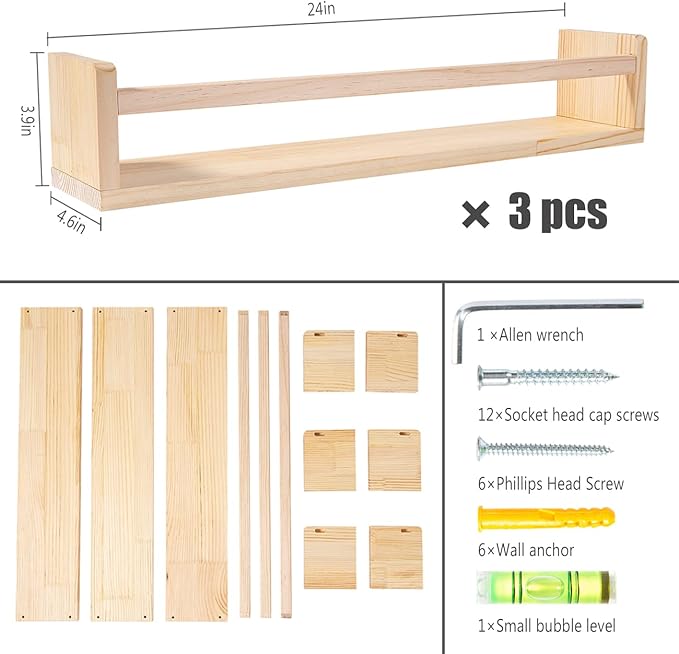 AZSKY Nursery Book Shelves 24 Inch Rustic Natural Wood Floating Shelves,Wall Book Shelves for Farmhouse,Bathroom Décor,Kitchen Spice Rack or Book Shelf Organizer for Home Décor,a Set of 3 Same Sizes-CubbioJoy