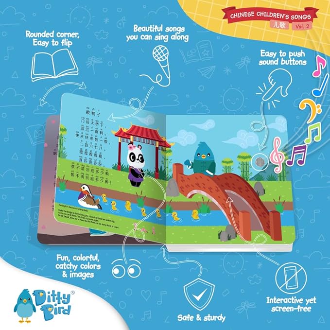 Ditty Bird Chinese Nursery Rhymes Book Children Songs Edition | Bilingual Musical Book for Toddlers, English & Chinese | Fun, Interactive Sound Books for Babies & Toddlers | Mandarin Book for Learning-CubbioJoy