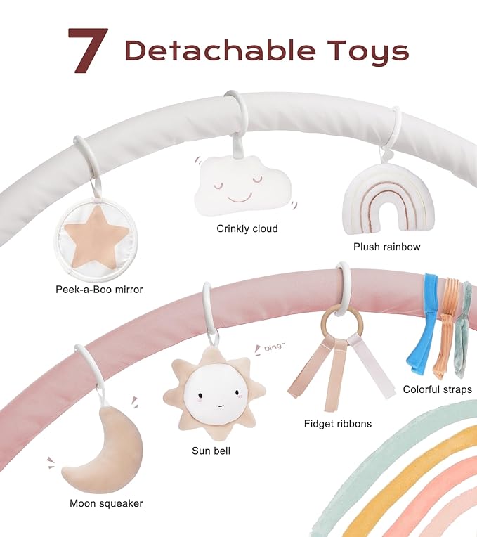 Baby Play Gym Mat, Tummy Time Activity Mat with 7 Detachable Toys and 12 Milestone Cards for Stage-Based Sensory and Motor Skill Development, Washable Play Mats for Infant, Newborn Baby Essentials-CubbioJoy