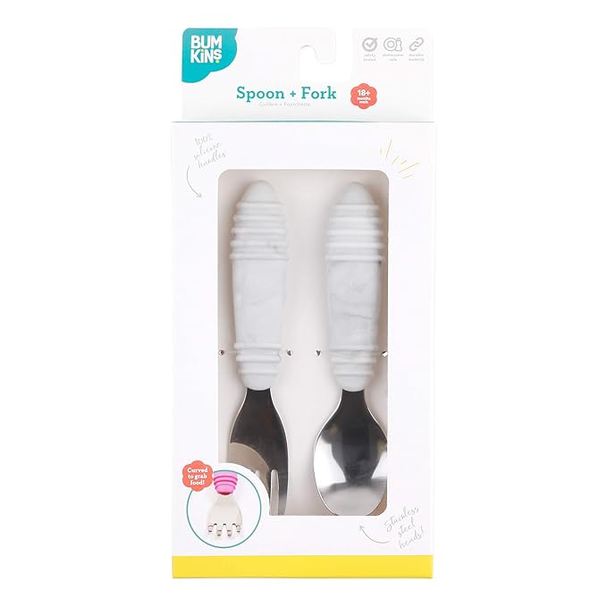 Bumkins Toddler Utensils, Kids Size Fork and Spoon Set, Silicone and Stainless-Steel Training Silverware, Angled Forks / Sporks for Self-Feeding, Children Hold Learning to Eat, 18 Months Up, Marble-CubbioJoy