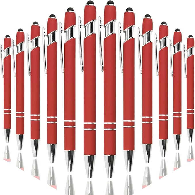 Ballpoint Pen with Stylus Tip, Soft Touch Click Metal Pen, 1.0mm Medium Point, Black Ink, 12 Count(Red)-CubbioJoy