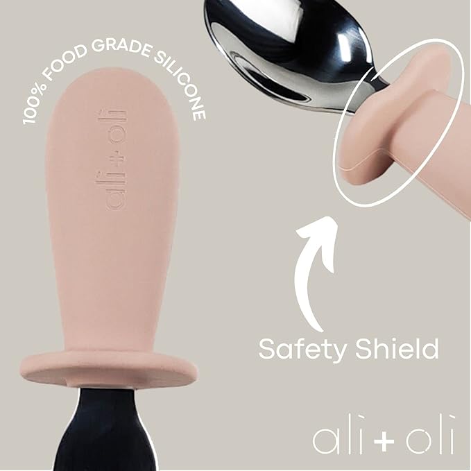 Ali+Oli Spoon & Fork Learning Set for Toddlers (Powder Pink) 6m+ Grab Easy BPA Free Food-Grade Silicone Handle, Kids Silverware Self Feeding Baby Utensil, Multi-stage Baby Feeding Set Ergonomic Design-CubbioJoy