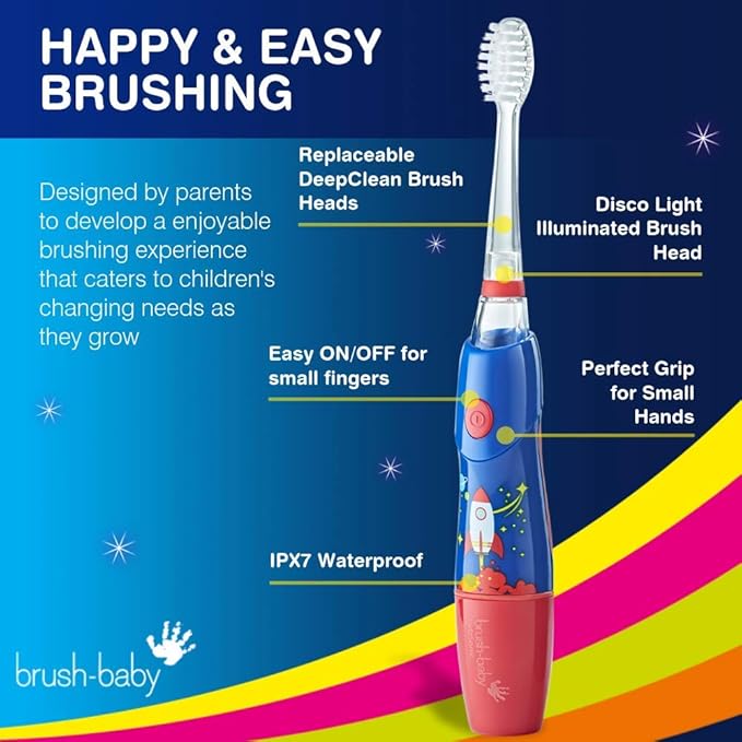 B07YVKSLHYBrush‑Baby - KidzSonic Rocket Kids Electric Toothbrush for Ages 3+ with Disco LED Lights, Gentle Sonic Vibrations, 2-Minute Smart Timer & 30‑Second Pulse Reminders – AAA Battery Included-CubbioJoy