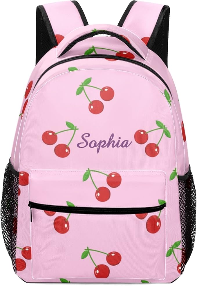 Cherry on Pink Custom Kids Backpack 16.5 Inch for Boy Girl, Personalized Waterproof Child School Travel Bag with Name-CubbioJoy