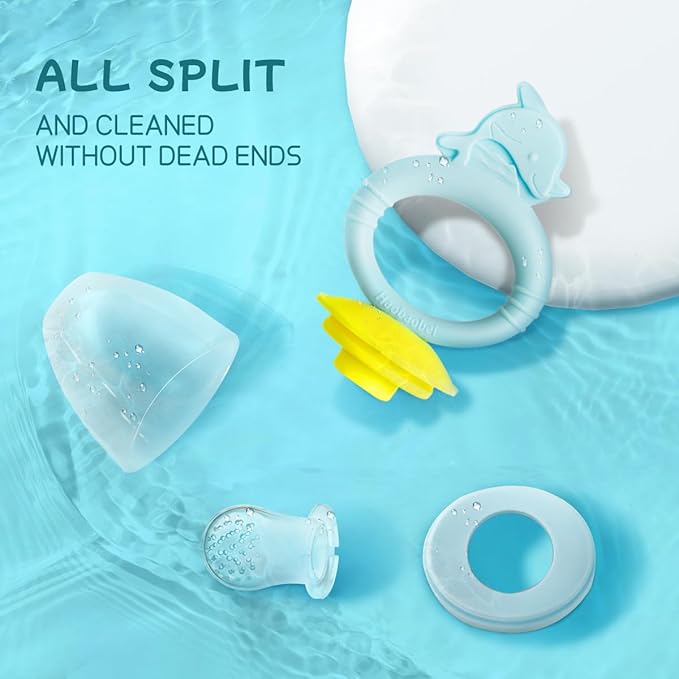 Baby Solids/Frozen Fruit Feeder Pacifier, Infant Teether Toy 4M+, BPA-Free Silicone Pouch & Nipple, Safely Introduce Solids, Teething Relief, 2-Pack (Dolphin - Blue Pink)-CubbioJoy