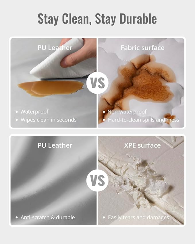 Blissful Diary Vegan Leather Baby Play Mat, 47x47 Thicken Foam Cushioned & Waterproof Playpen Mat for Infants and Toddlers, Stylish and Just Wipe-Clean Playmat for Baby Play on Floor, Light Gray-CubbioJoy