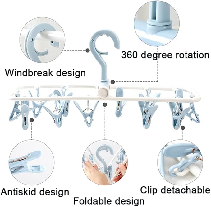 Clothes Drying Racks 2 Pack Small Folding Portable Underwear Hangers with Clips Socks 12 Clips 360° Rotatable Hook for Drying Towels Bras Baby Clothes Gloves Plast-CubbioJoy