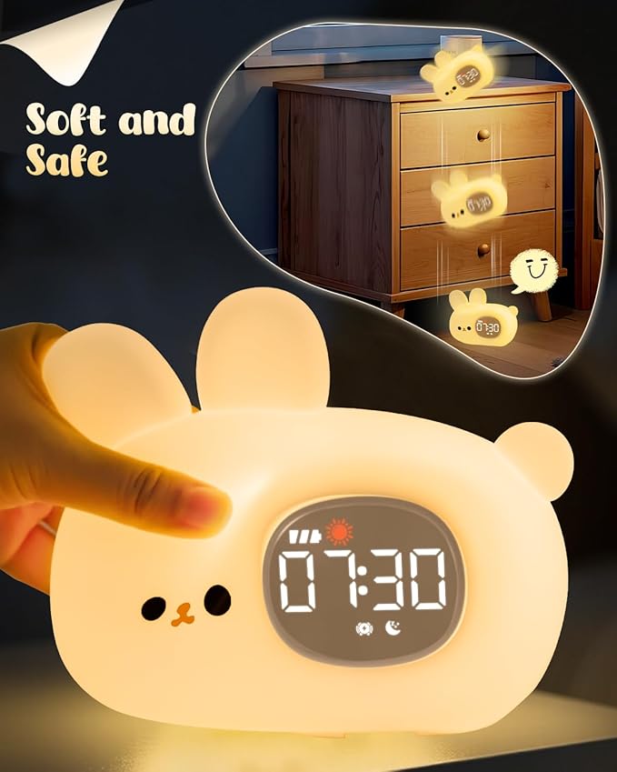 Bunny Alarm Clock for Kids with Night Light, Sleep Training Clock Time to Wake Clock, Rechargeable Silicone Light for Bedroom, Perfect Sleep Companion for Boys Girls-CubbioJoy