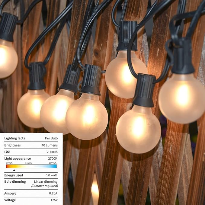 50Ft LED Outdoor Patio String Lights - Waterproof Globe Lights with 52 Shatterproof Frosted Bulbs, Connectable for Wedding, Party, Christmas & Garden Decor, Black Wire-CubbioJoy