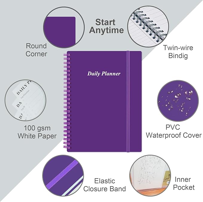 Daily Planner Undated - A5 To Do List Notebook Hourly Schedules, Spiral Appointment Planner for Women and Men, PVC Hardcover, Inner Pocket, Elastic Closure, 5.8" x 8.3", Purple-CubbioJoy