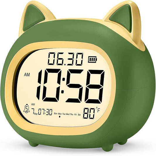 Kids Alarm Clock with Night Light for Kids, Small Digital Alarm Clocks for Bedrooms, Routine Builder, Cute Cat Alarm Clock with Sleep Training, Snooze, 12/24H, Date & Day, Temperature, USB Port-CubbioJoy