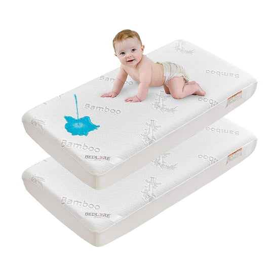 BEDLORE Waterproof Crib Mattress Protector 2 Pack, Ultra Soft Bamboo Viscose Crib Mattress Pad Cover, Noiseless Toddler Mattress Protector for Standard Baby Bed Size 52''x28'', White-CubbioJoy