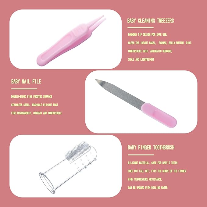 Baby Grooming Kit, Baby Essentials for Newborns, Portable Baby Care Kit, Contains Baby Nail Clippers, Baby Comb, Baby Brush, Baby Ear Wax Removal Tool and More (10 in 1) (Pink)-CubbioJoy