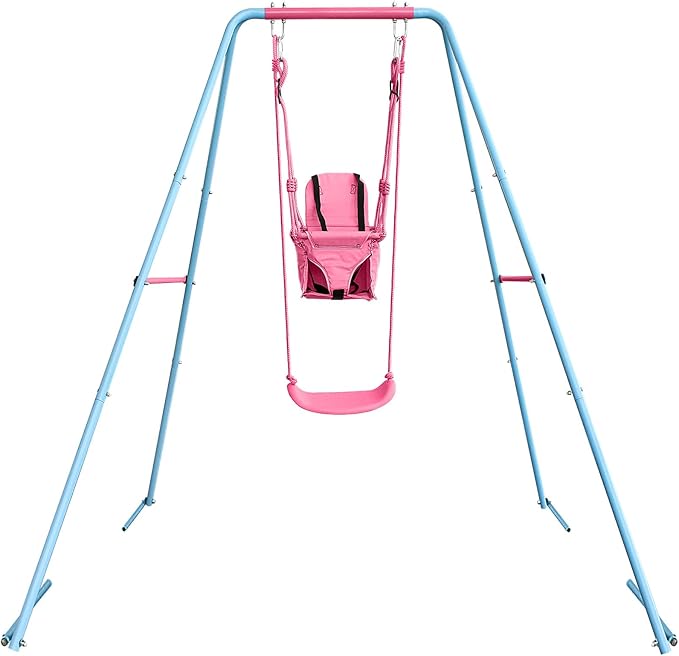 2-in-1 Toddler Swing Set with Metal Stand, Safety Belt & 4 Anchors - A-Frame Swing for Kids 6 Months+ (Pink, Indoor/Outdoor Backyard Playground)-CubbioJoy