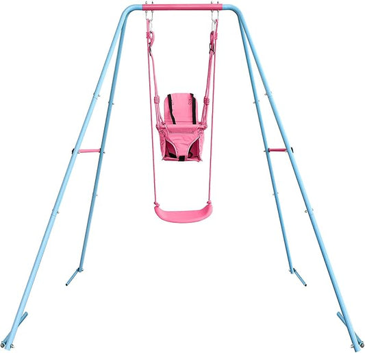2-in-1 Toddler Swing Set with Metal Stand, Safety Belt & 4 Anchors - A-Frame Swing for Kids 6 Months+ (Pink, Indoor/Outdoor Backyard Playground)-CubbioJoy