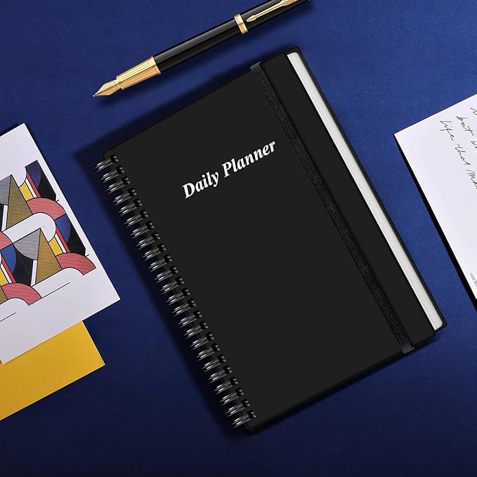 Daily Planner Undated - A5 To Do List Notebook Hourly Schedules, Spiral Appointment Planner for Women and Men, PVC Hardcover, Inner Pocket, Elastic Closure, 5.8" x 8.3", Black-CubbioJoy