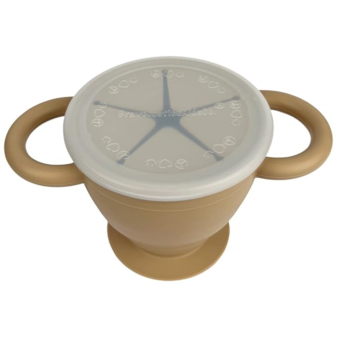 BraveJusticeKidsCo. | Snack Attack II Snack Cup | Collapsible Silicone Snack Container | Toddler and Baby Snack Catcher Lid (Warm Sand)-CubbioJoy
