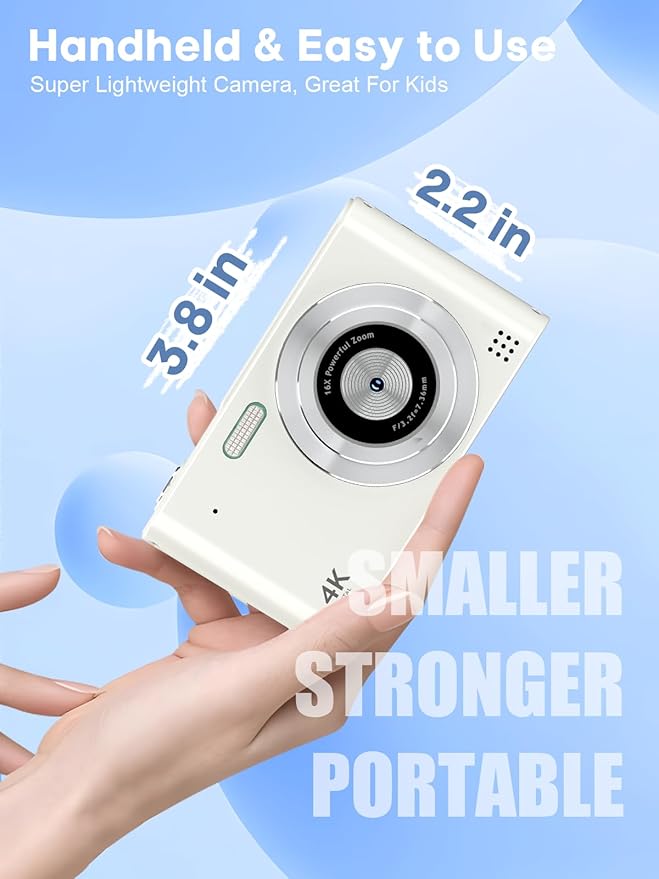 Digital Camera, 44MP Full HD 1080P Point and Shoot Camera with 64GB Card, Anti Shake 16X Zoom Compact Volg Cameras, Portable Small Camara Gift for Kids, Ages Teen Girl Boy - White-CubbioJoy