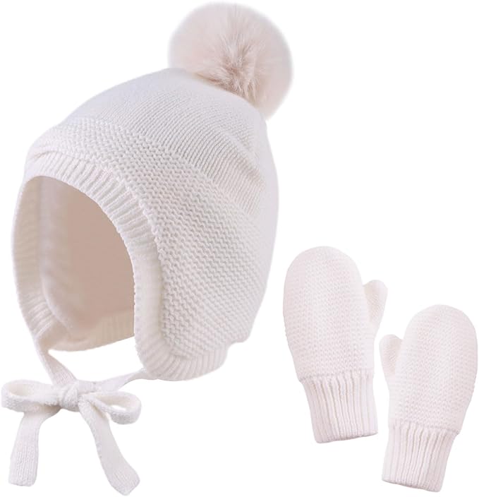 Basic Winter Baby Beanie Gloves Boys Girls Knitted Hat Pompom Kids Earflap Hats Warm Infant Toddler Beanie Mittens Set-CubbioJoy