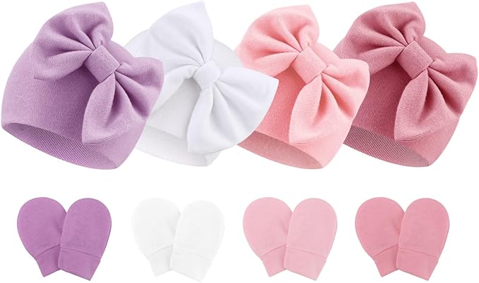 BQUBO Newborn Baby Hats Mittens Set Hospital Hat Beanie Infant Bow Hats Baby Gloves No Scratch Mittens for 0-6 Months-CubbioJoy