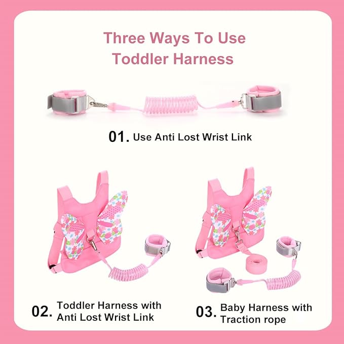 Anti Lost Toddler Harness - Butterfly Baby Leash and Wrist Link with Lock, Child Walking Harness Assistant for Girls, Cute Traction Safety Leash for Kids, Holiday Travel Christmas Gift, Pink-CubbioJoy