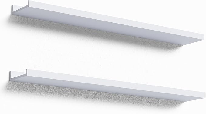 36 Inches Long Floating Shelves Wall Mounted, 2 Set Modern White Wall Shelf for Bedroom, Nursery Book Shelf with Lip, Picture Ledge Shelf for Wall Decor Living Room Bathroom Kitchen - White-CubbioJoy