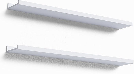 36 Inches Long Floating Shelves Wall Mounted, 2 Set Modern White Wall Shelf for Bedroom, Nursery Book Shelf with Lip, Picture Ledge Shelf for Wall Decor Living Room Bathroom Kitchen - White-CubbioJoy